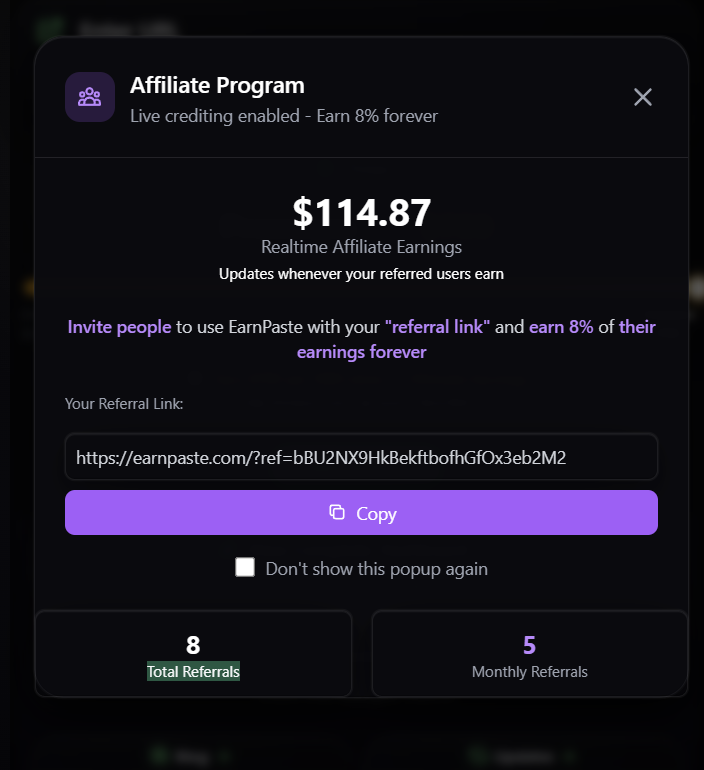 EarnPaste Affiliate Program popup showing realtime affiliate earnings, referral link, copy button, total referrals and monthly referrals