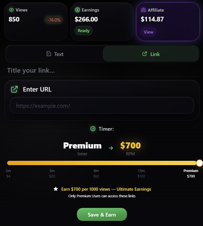 EarnPaste dashboard showing Views, Total Earnings, and Affiliate balance cards with link creator and Premium timer