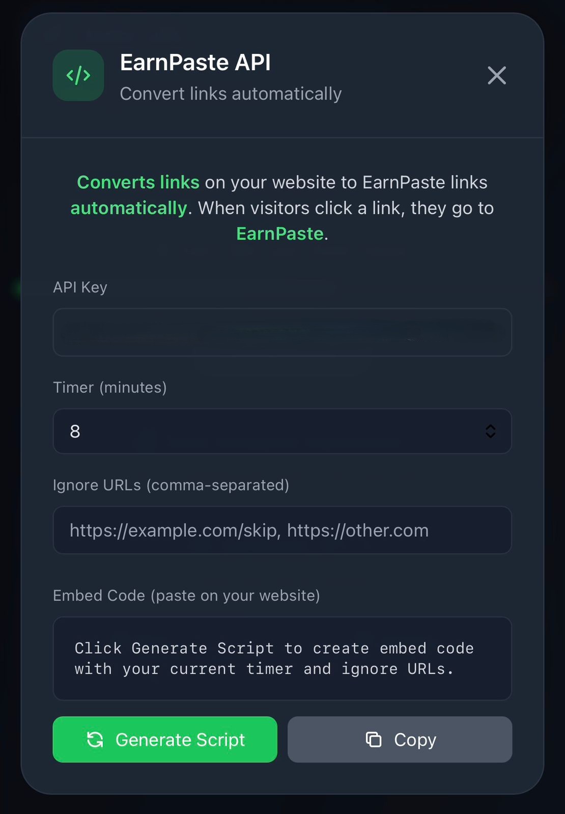 EarnPaste API modal - Convert links automatically
