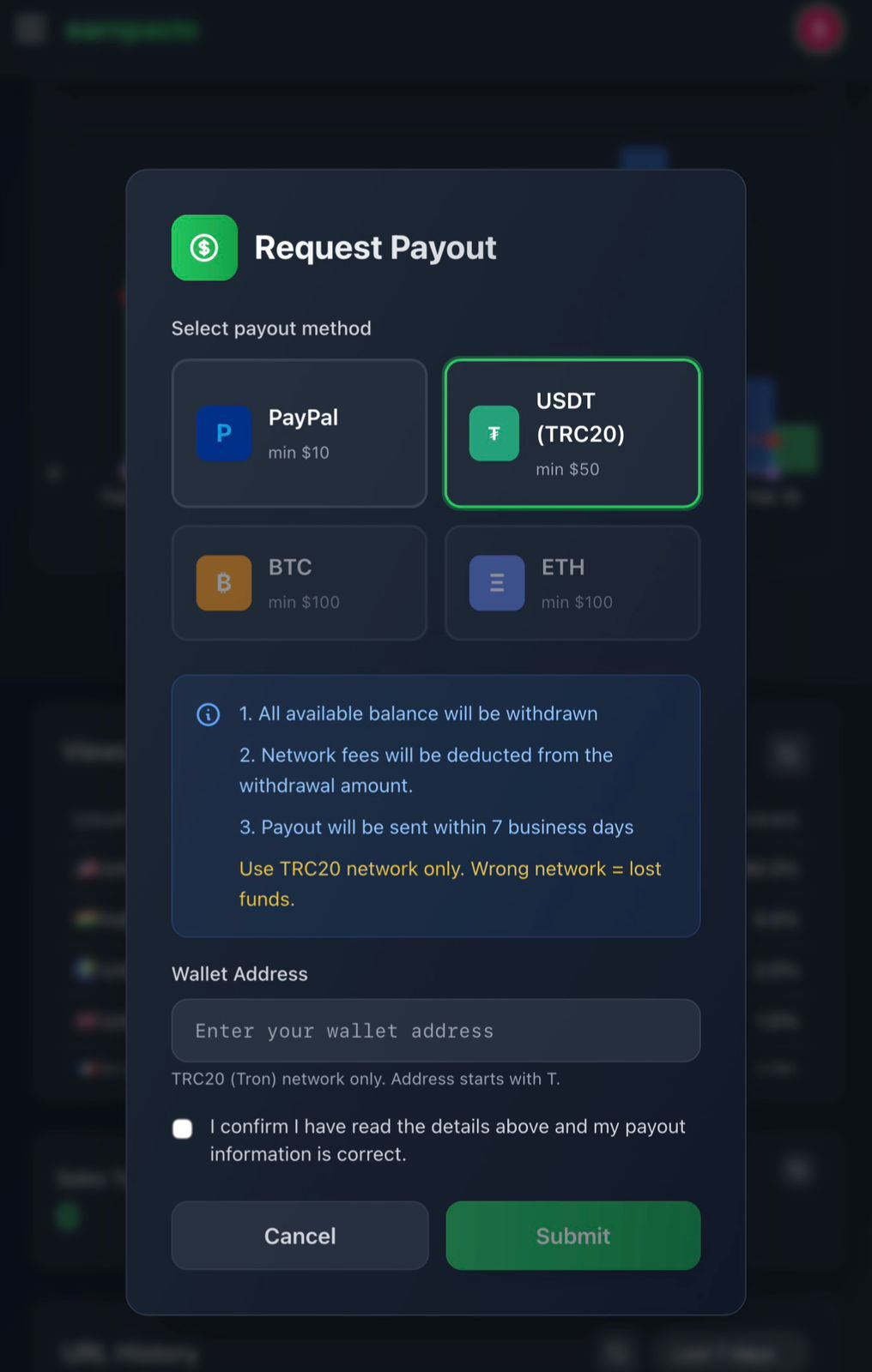 Crypto payout options