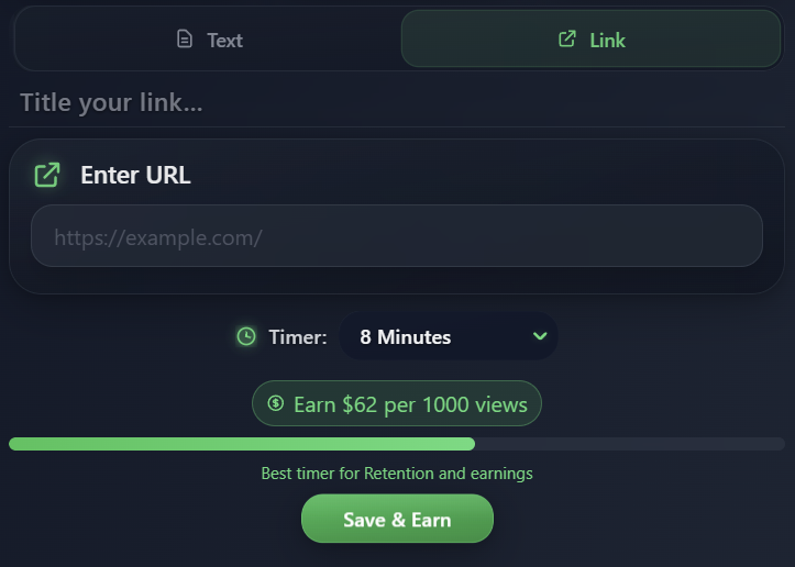 EarnPaste 8-minute timer setup - Earn $62 per 1000 views